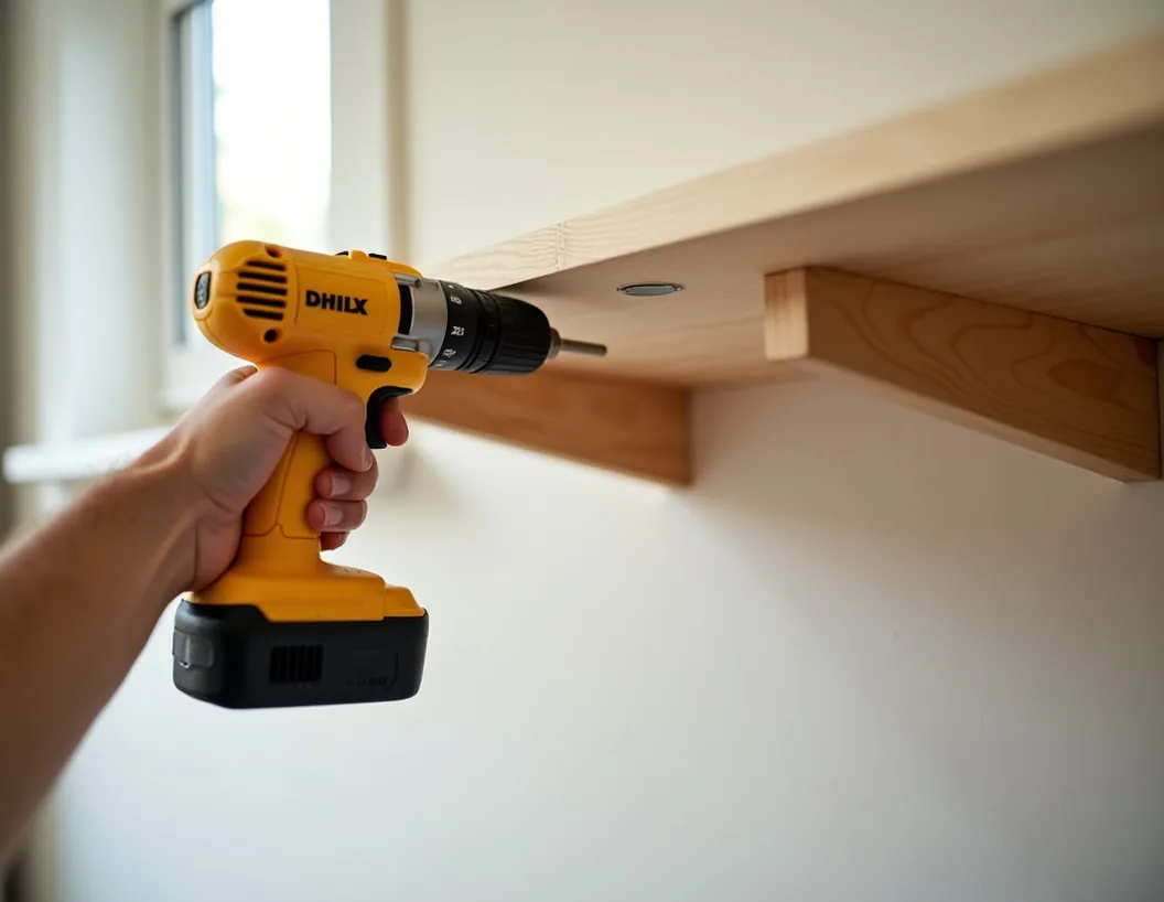 Left hand firmly gripping a bright yellow cordless drill pressed against a surface