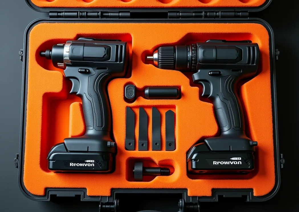 Two different cordless tools resting in a custom foam-lined case