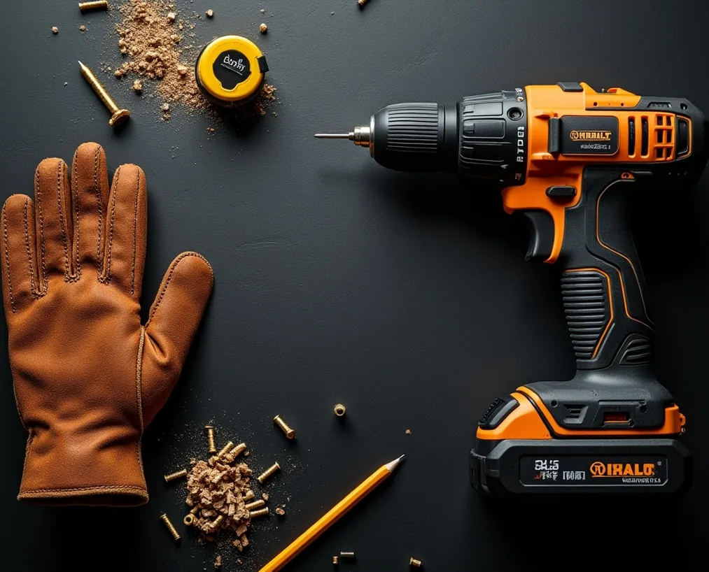 Top-down flat lay of cordless drill, worn leather glove and scattered screws on dark slate