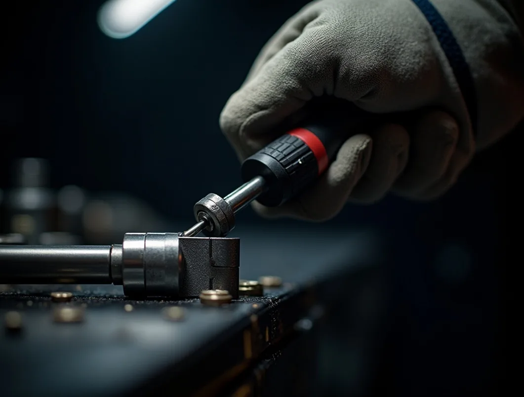 Gloved hand inserting a screwdriver bit into a cordless tool one-handed