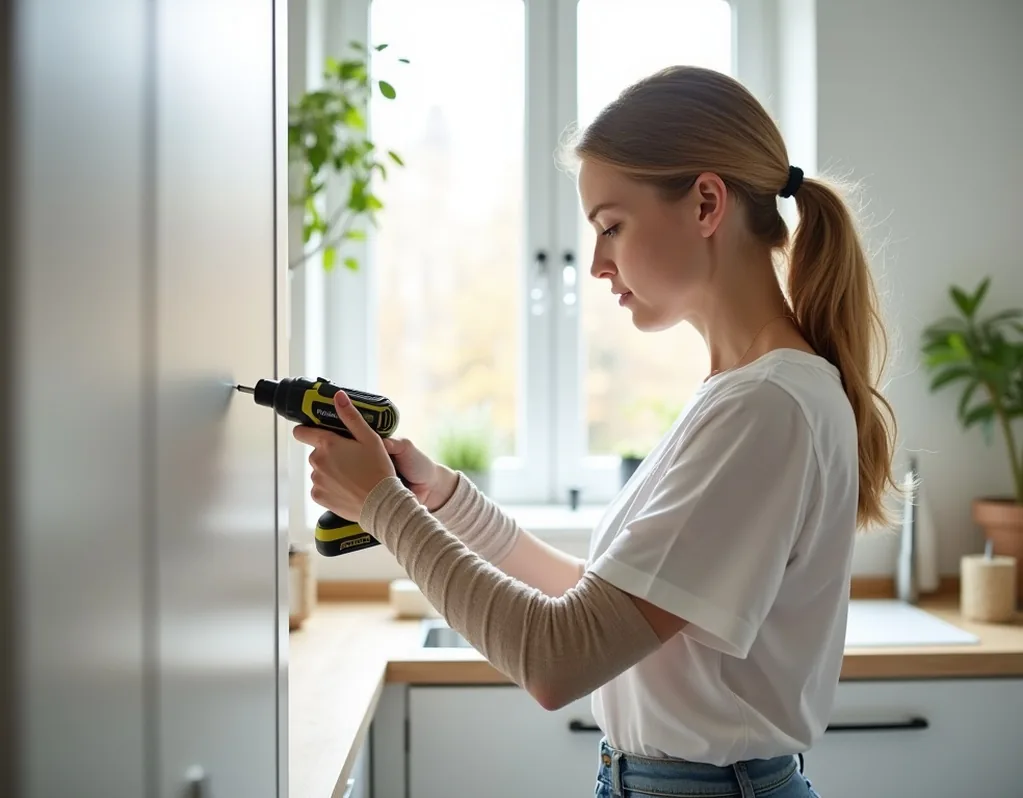 Person confidently using a cordless drill in a bright kitchen