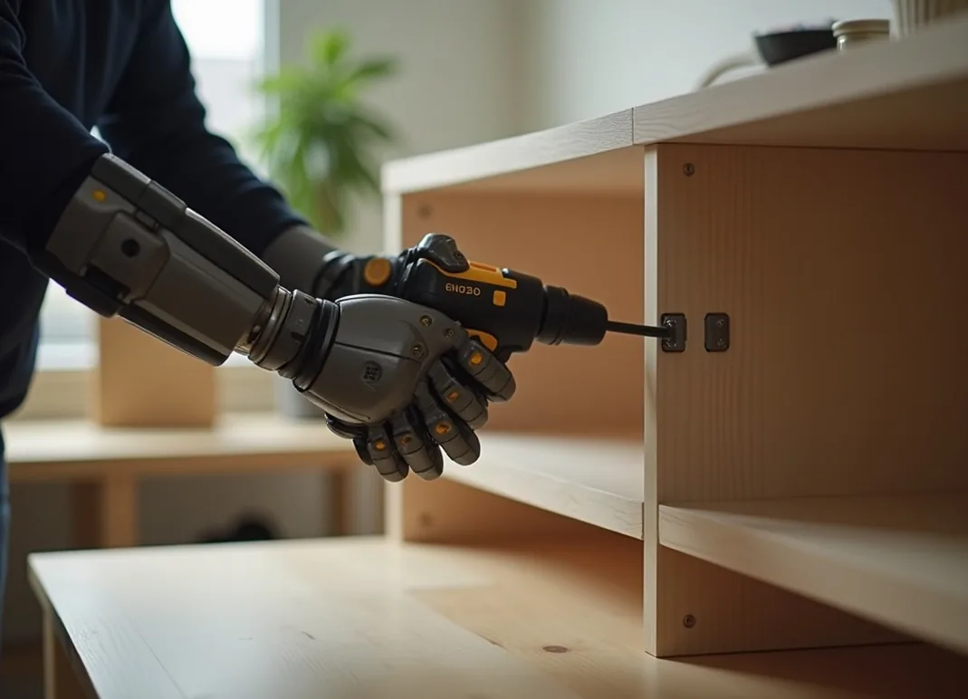 Person wearing a prosthetic arm using a magnetic tool holder on a workbench