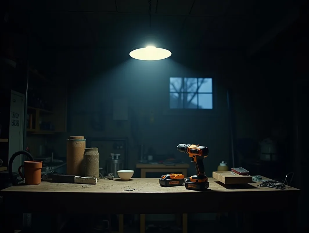 Night workshop scene lit by overhead bulb and LED worklight of a cordless drill
