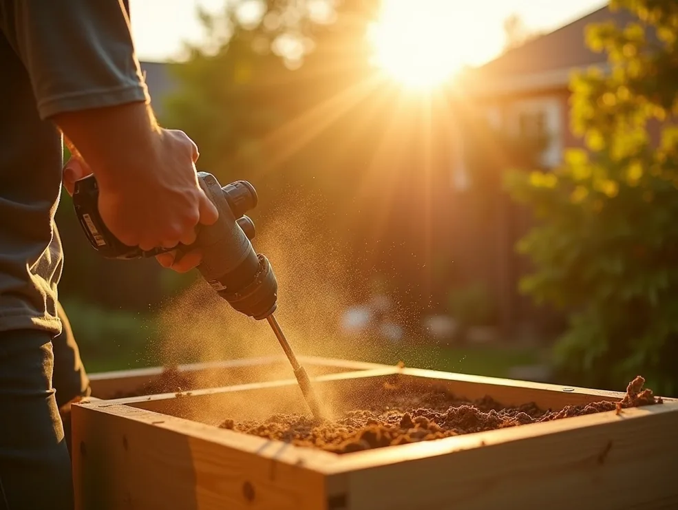 Man with one arm building a raised garden bed in a sunny backyard at golden hour
