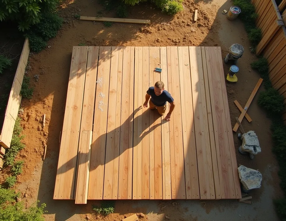 Aerial shot of a carpenter with one functional arm working on a large wooden deck